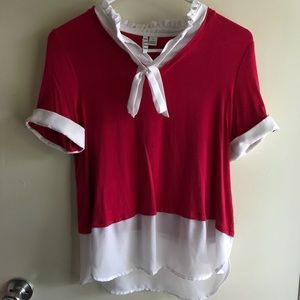 Elle red and white mock layer blouse
